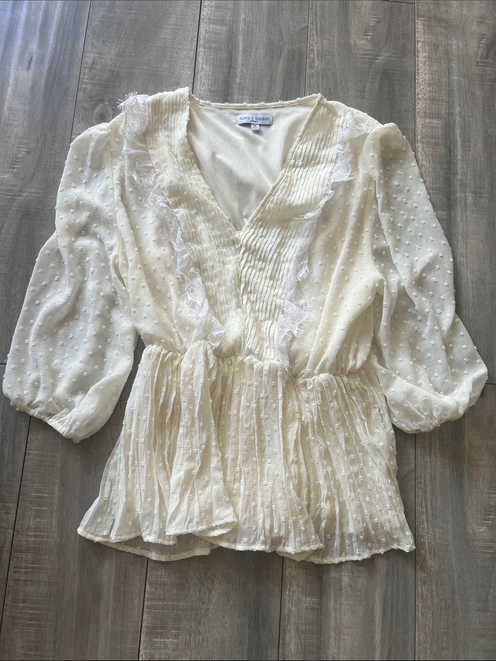 Seafoam & Stone Cream Swiss Dot Peasant Blouse